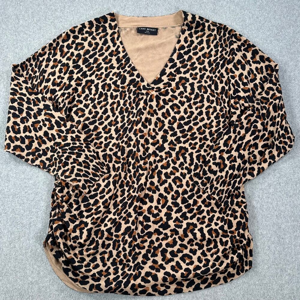 Lane Bryant Leopard Print Ruched Side Sweater Top Size 26/28 V-Neck Brown Black